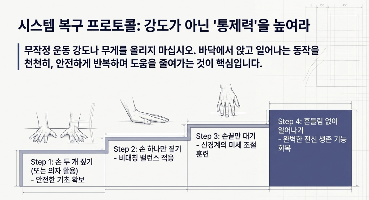 바닥에서 일어나기 회복 단계 — 양손 짚기에서 보조 없이 일어나기까지