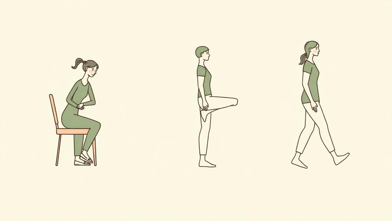 앉았다 일어나기, 한 발 서기, 짧은 보폭 걷기 일러스트
